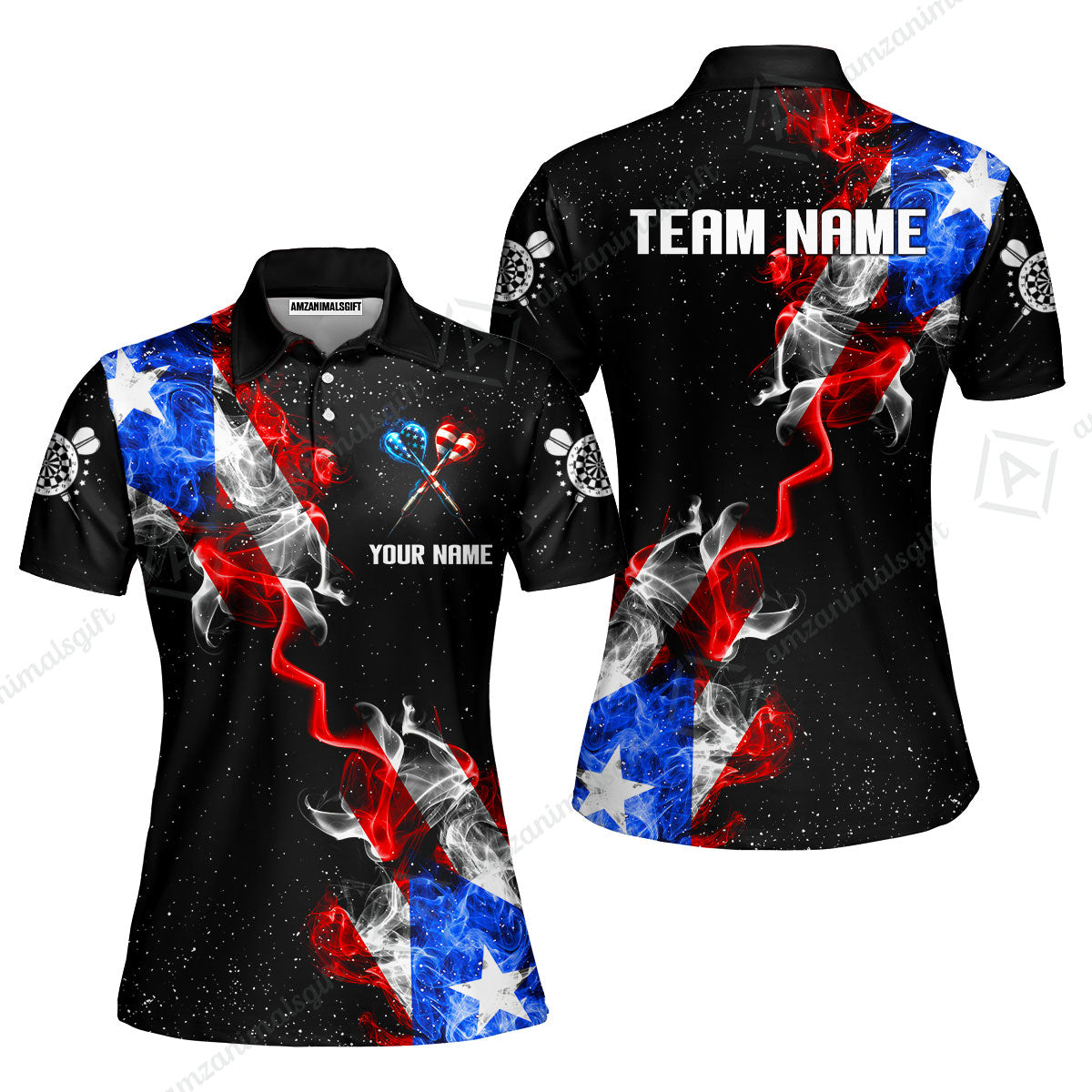 Customized American Flag Darts Stand Collar Quater-Zip, Darts Smoke USA Flag Team Style Jersey Polo Shirt, Outfit for Darts Players