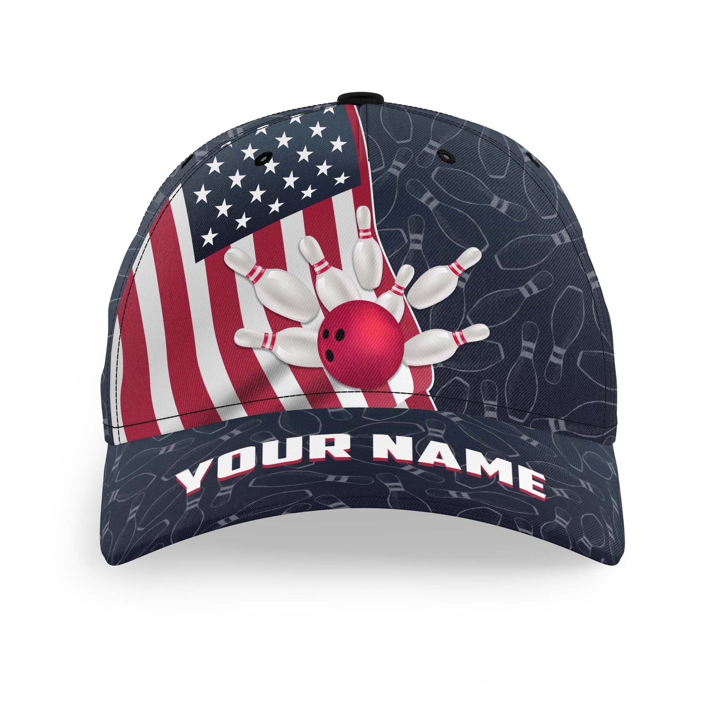 Customized Bowling Classic Cap, American Flag Pins Pattern Bowling Hat For Men Women, Bowlers, Team League, Bowling Lover