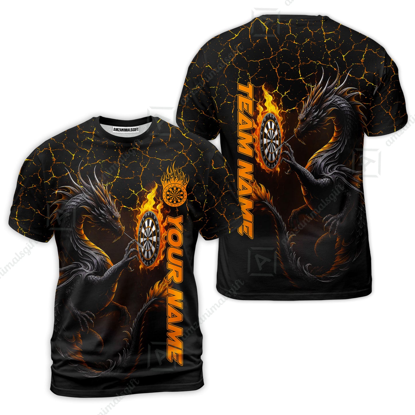 Customized Darts T-Shirt, Big Dragon Dartboard Flame Darts Team Style T-Shirt for Players, Jersey for Darts Players