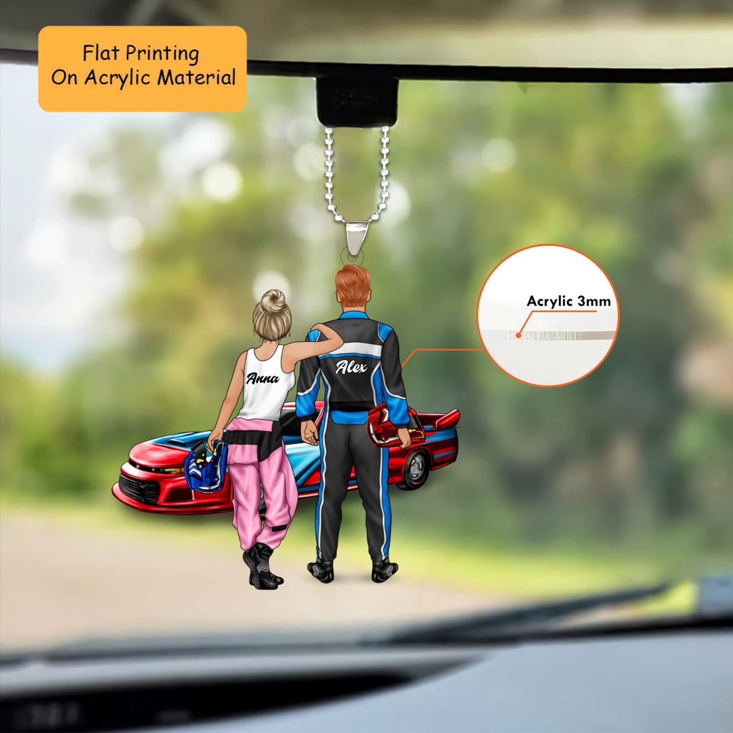 Personalized Auto Racing Christmas Ornament, Back View Couple Holding Helmets By Race Car, Custom Ornament Christmas Gift, Keychain Auto Racing, Car Ornament Auto Racing