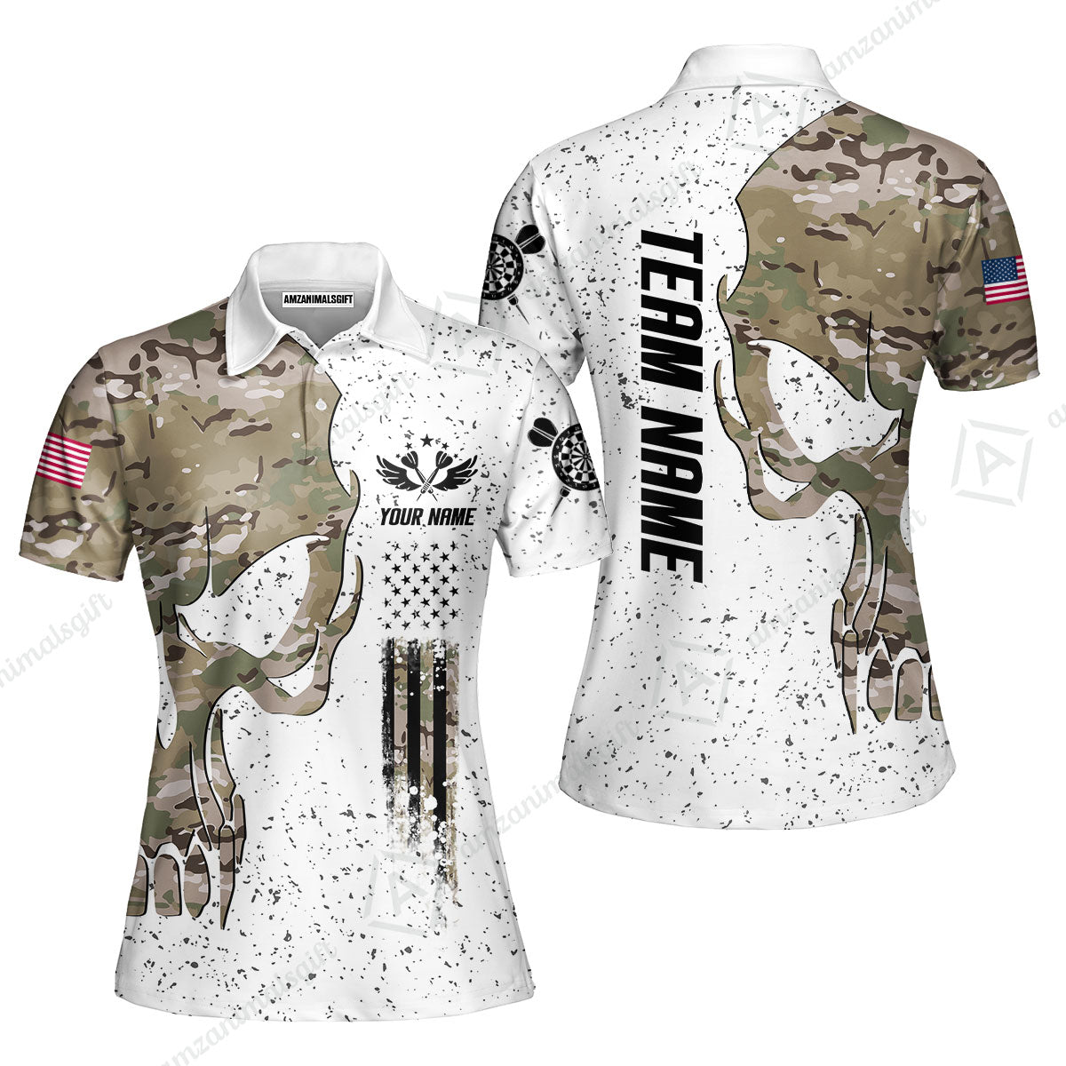 Customized American Flag Darts Polo Shirt, Darts Camo Skull Team Style Jersey Polo Shirt, Outfit for Darts Players
