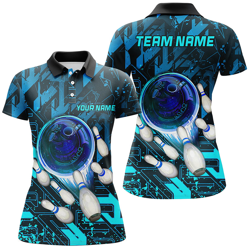 Customized Blue Metric Abstract Bowling Team Women Polo Shirt, Personalized Name Bowling Uniforms For Bowlers, Team League