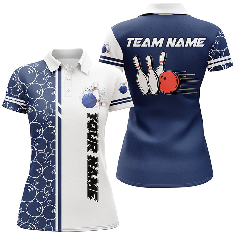 Customized Bowling Team Women Polo Shirt, Bowling White And Blue Pattern Uniforms Shirt Personalized Name And Team Name