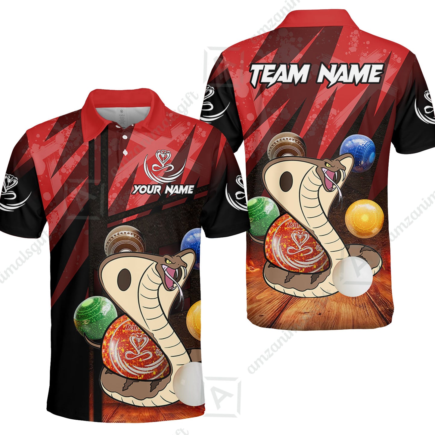 Customized Lawn Bowls Team Polo Shirt, Cobra Snake Emblem Bowls Polo Shirt Custom Name And Team Name For Players
