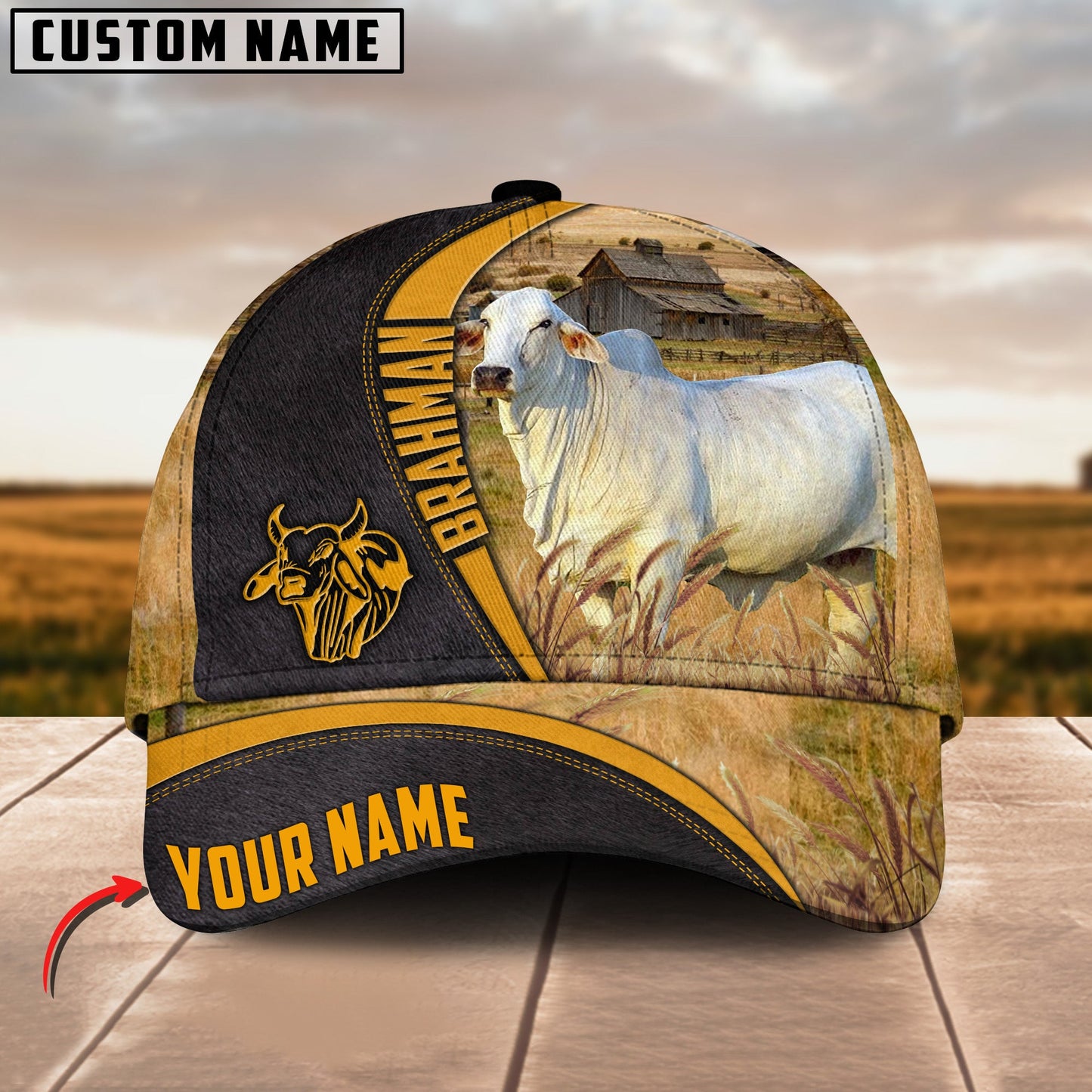 Customized Brahman Cattle Caps, Brahman Cow On Farm Black And Yellow Hats, Best Farm Hat For Men Women Farmer