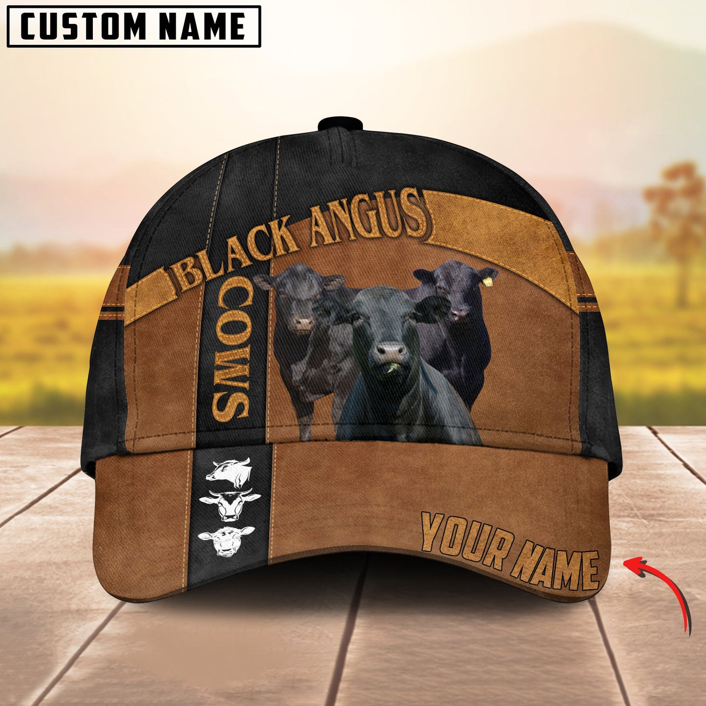 Customized Black Angus Cattle Caps Hat, Black Angus Cow Pattern Brown And Black Line Hats, Best Farm Hat For Men Women