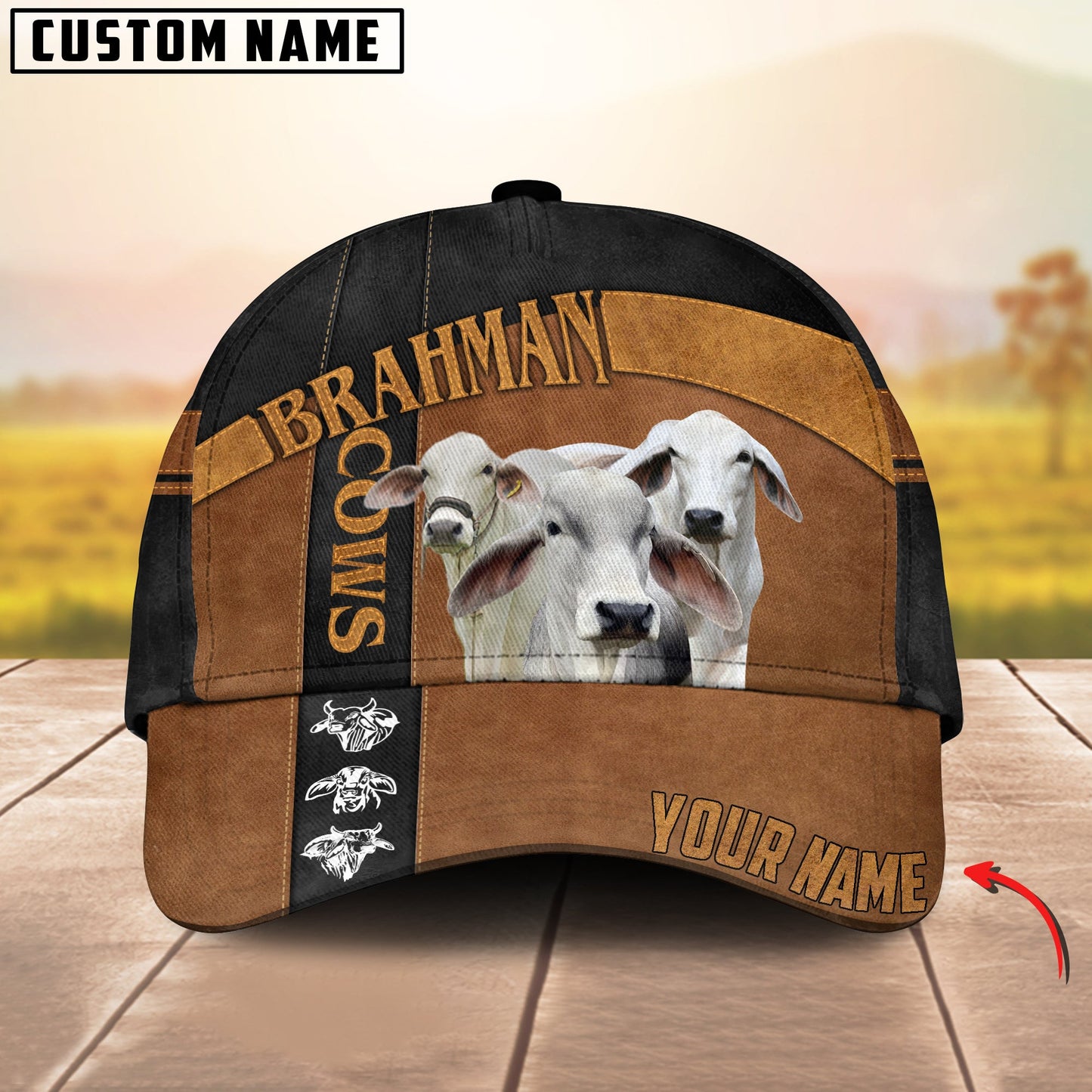 Customized Brahman Cattle Caps Hat, Brahman Cow Pattern Brown And Black Line Hats, Best Farm Hat For Men Women