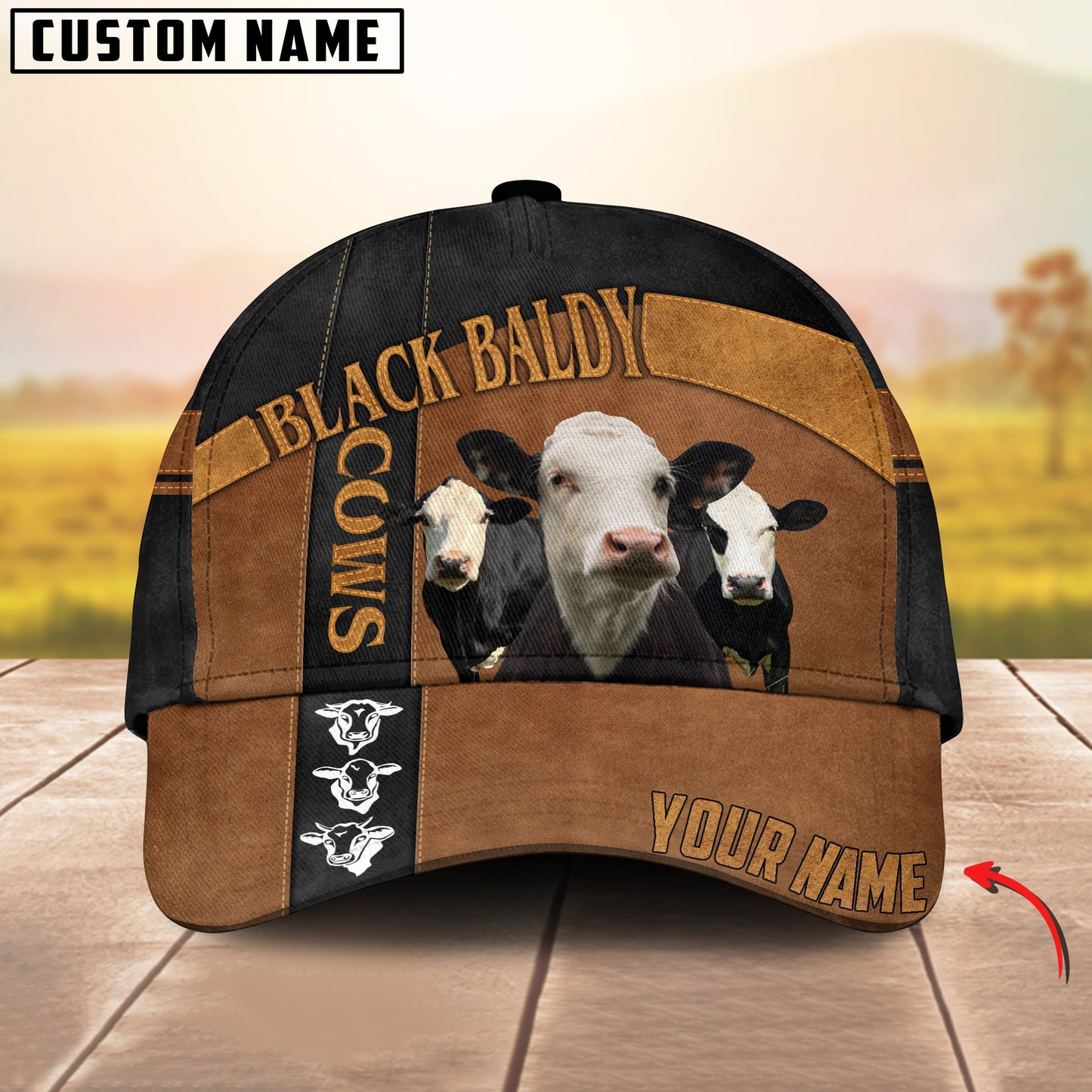 Customized Black Baldy Cattle Caps Hat, Black Baldy Cow Pattern Brown And Black Line Hats, Best Farm Hat For Men Women