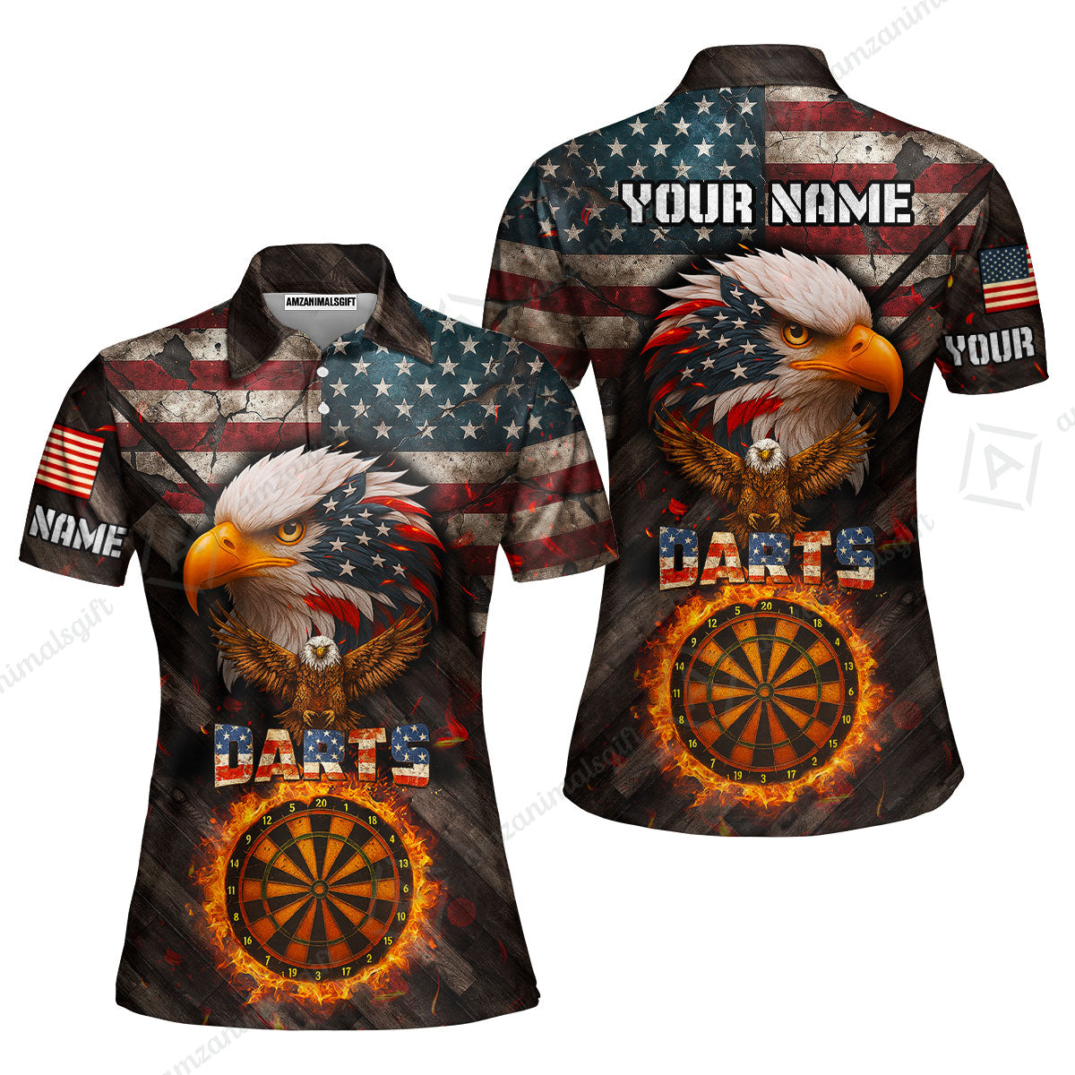 Customized American Flag Darts Polo Shirt, Darts Dartboard Fire Flame Eagle Style Jersey Polo Shirt for Darts Players
