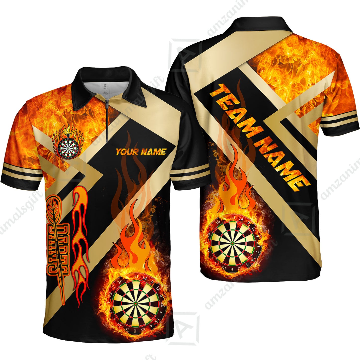 Customized Darts Quarter-Zip Polo Shirt, Darts Dartboard Fire Flame Multicolor Zip Polo Shirt Jersey For Darts Players