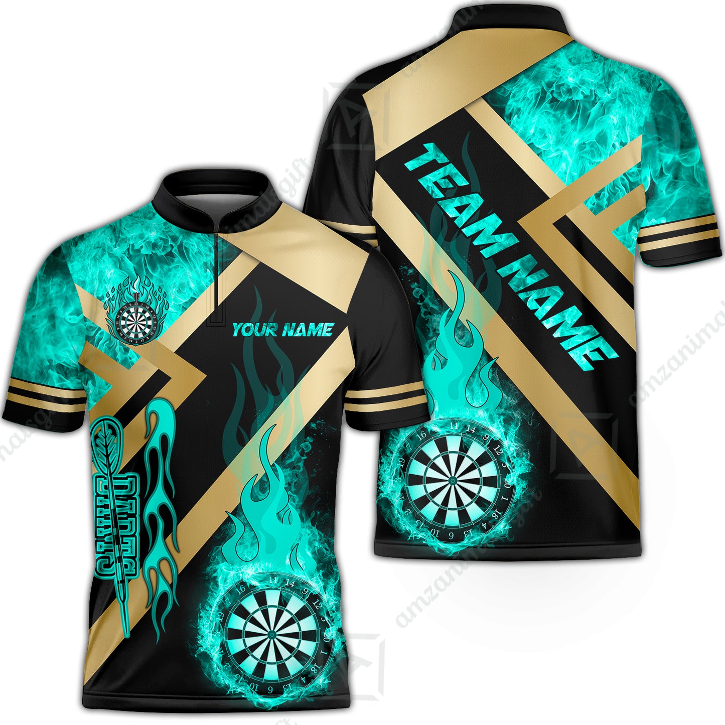 Customized Darts Stand Collar Quarter-Zip Shirt, Darts Dartboard Fire Flame Multicolor Team Jersey For Darts Players