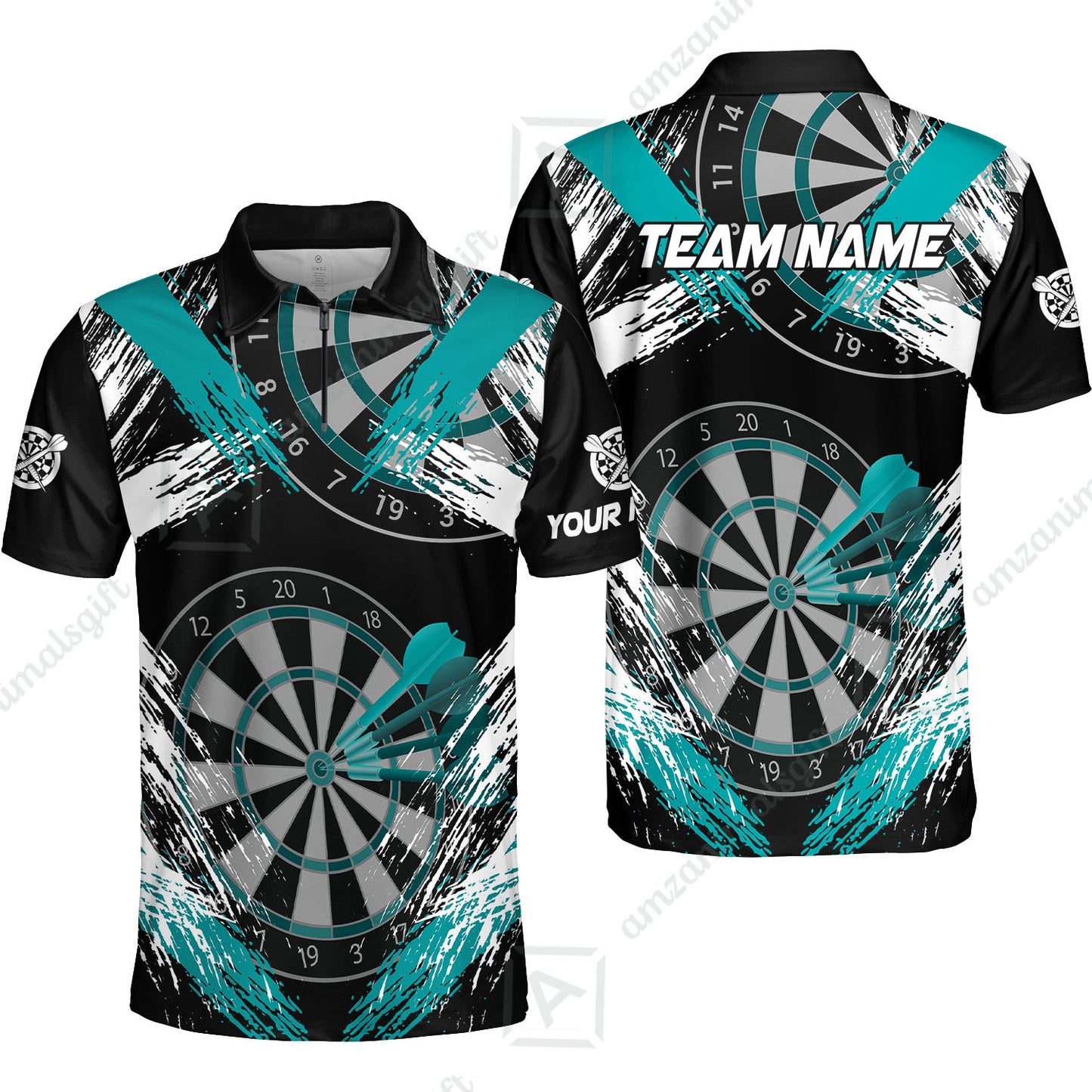 Customized Darts Quarter-Zip Polo Shirt, Darts Tournament Grunge Style Multicolor Zip Polo Team Jersey For Darts Player
