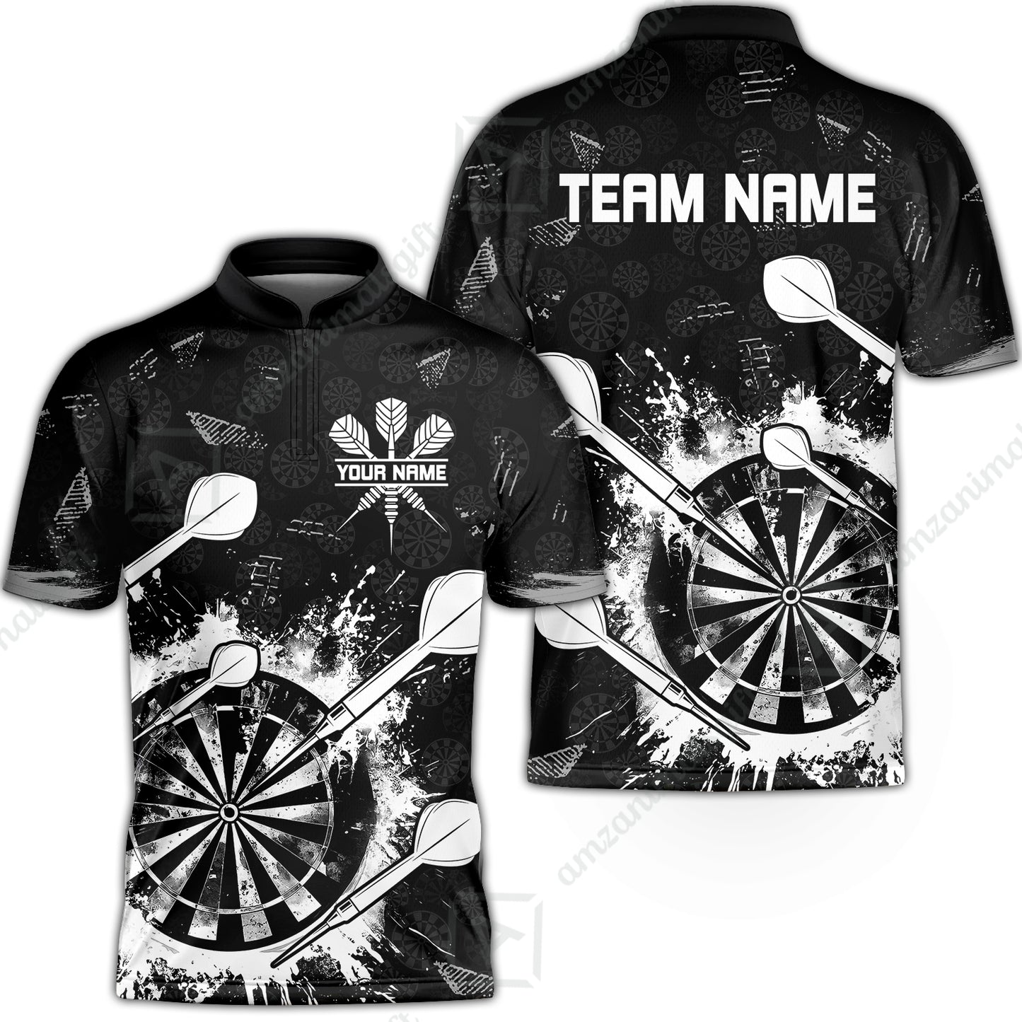 Customized Darts Stand Collar Quarter-Zip Shirt, Darts Grunge Dartboard Team Style Jersey for Darts Players