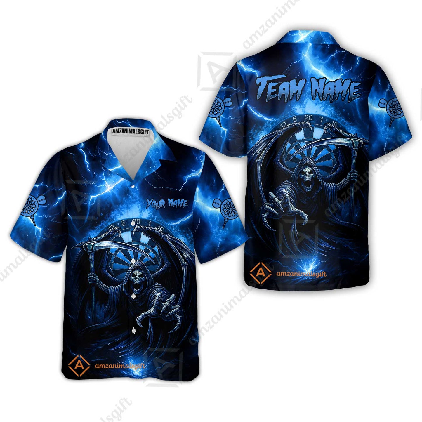 Customized Darts Hawaiian Shirt, Darts Grim Reaper Thunder Lightning Turquoise And Blue Team Jersey For Darts Player
