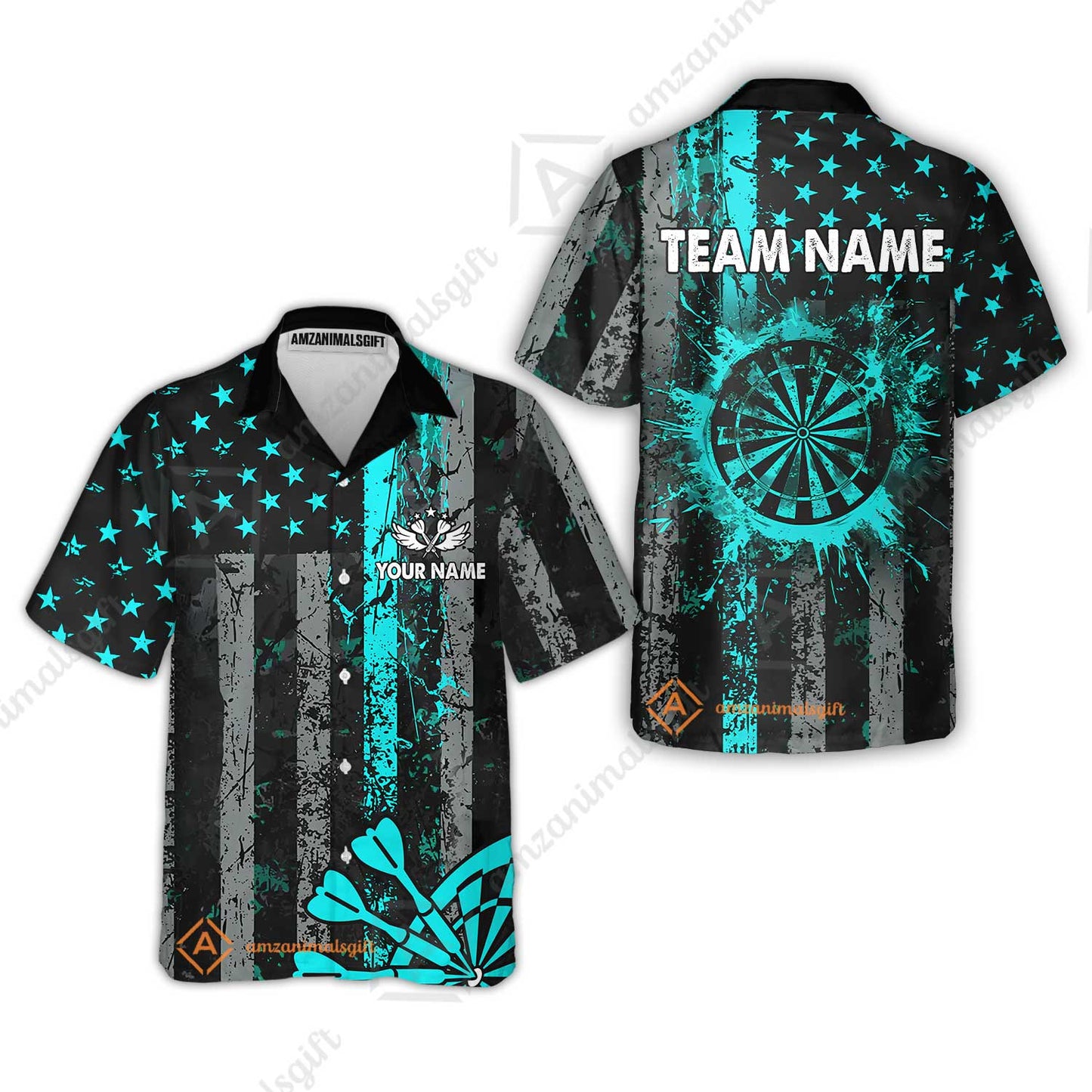 Customized Darts Hawaiian Shirt, Turquoise Grunge US Flag Patriotic Darts Hawaiian Shirt Jersey for Darts Players