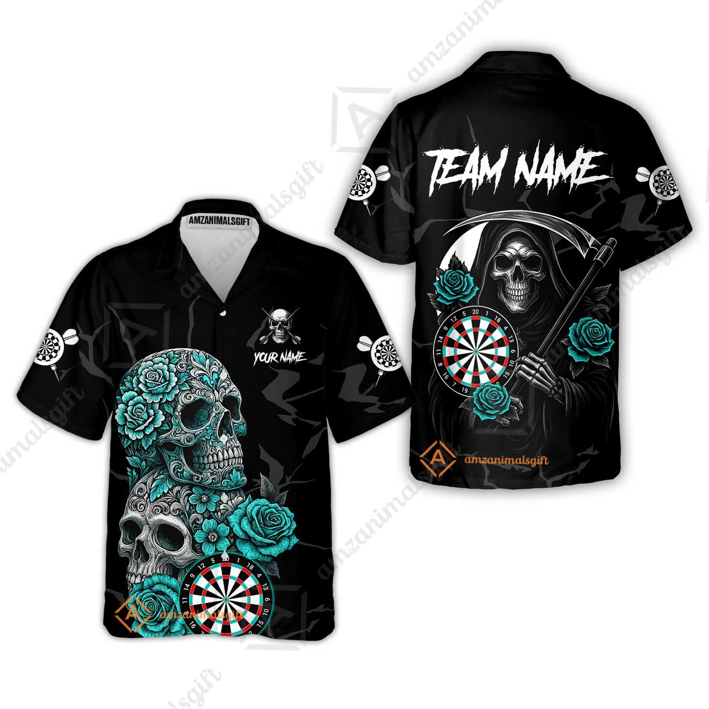 Customized Darts Hawaiian Shirt, Darts Turquoise Skull Roses Dartboard Hawaiian Shirt Style Jersey for Darts Players