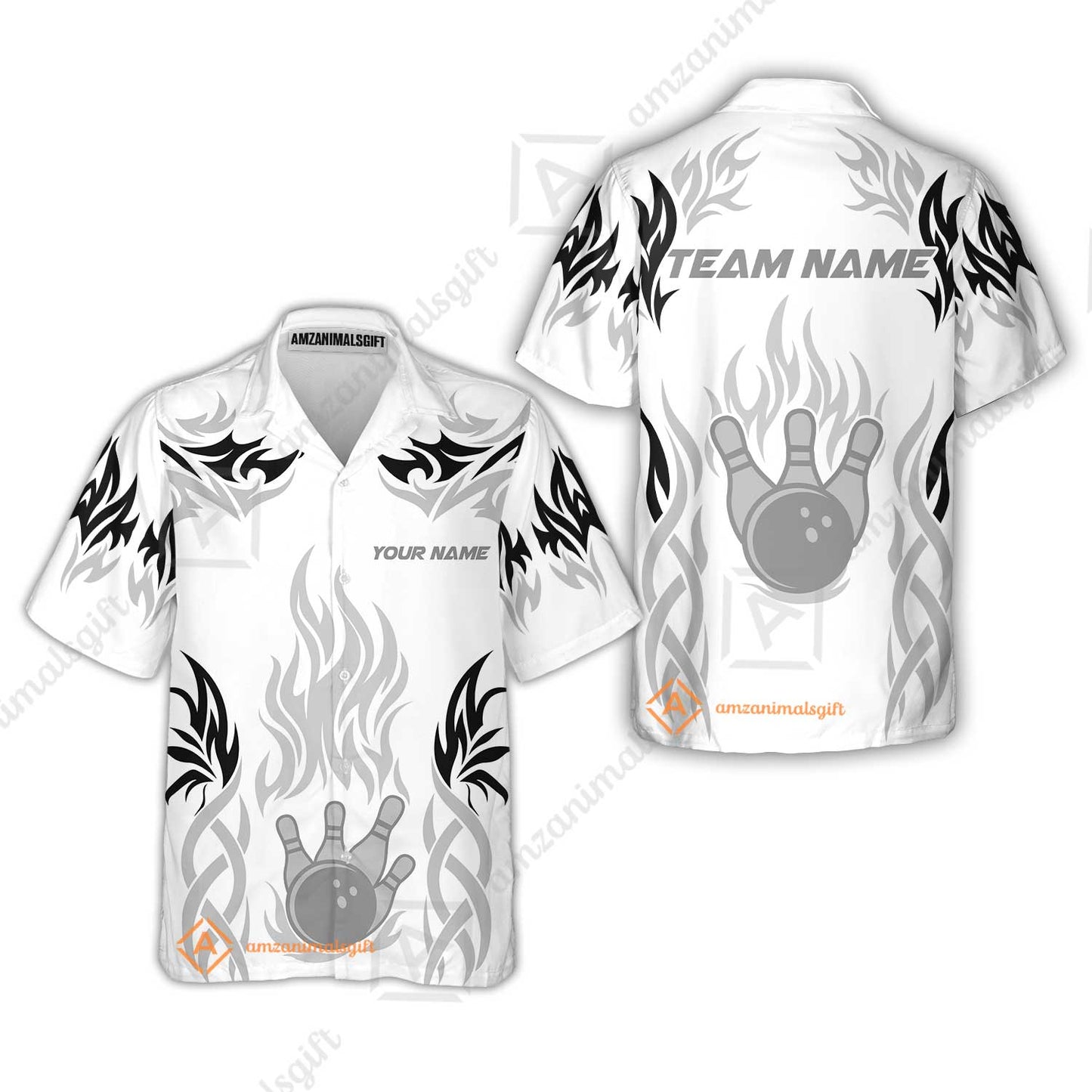 Personalized Bowling Team Hawaiian Shirt, Tribal And Bowling Flame Multi Option Customized Polo Shirt - White