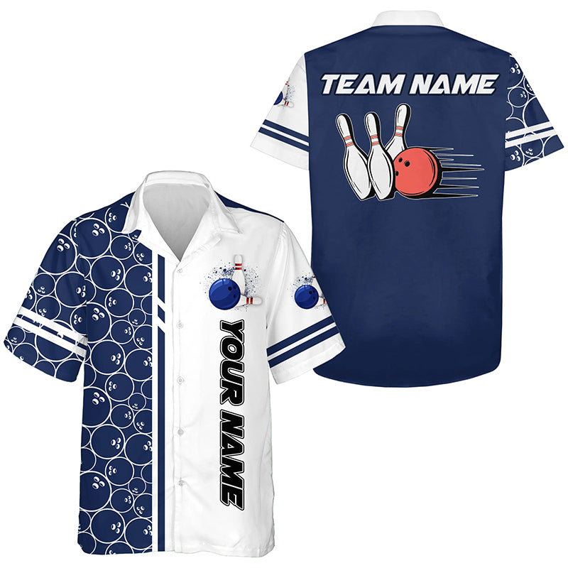 Customized Bowling Team Button Up Shirt, Bowling White And Blue Pattern Hawaiian Shirt Personalized Name And Team Name