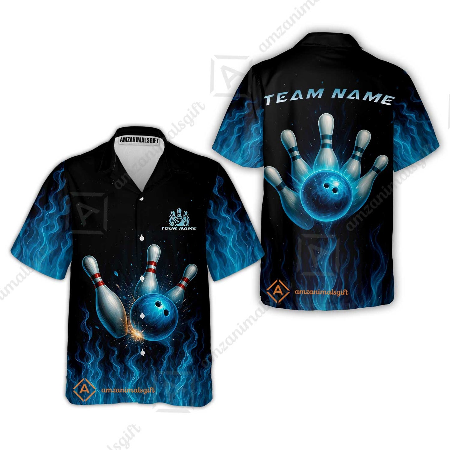 Customized Bowling Hawaiian Shirt, Intense Blue Flame Strike Hawaiian Shirt For Bowling Team, Bowlers