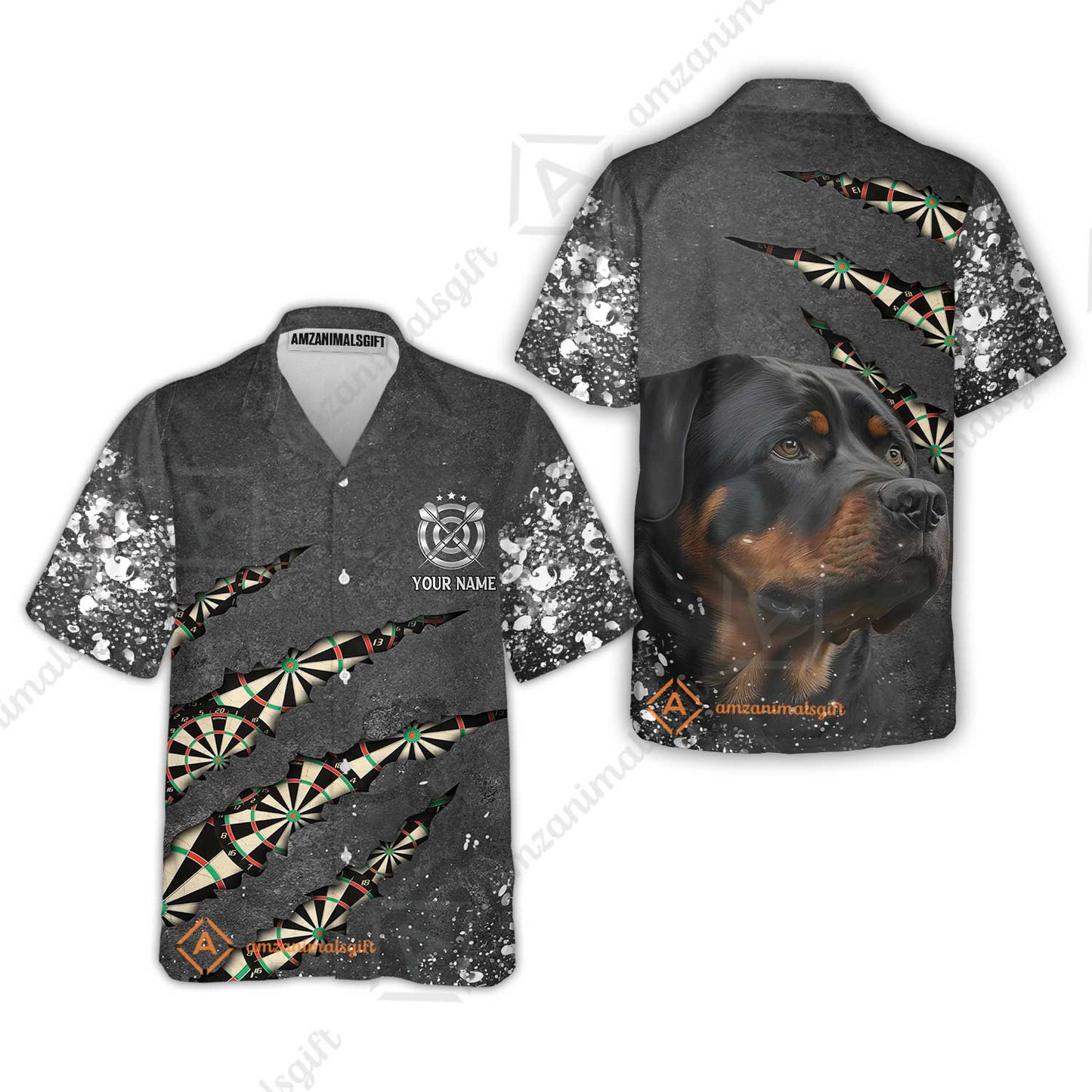 Rottweiler And Darts Custom Name Hawaiian Shirt, Darts Paint Splash Personalized Hawaiian Shirt- Gift For Darts Lover, Team, Dog Lover