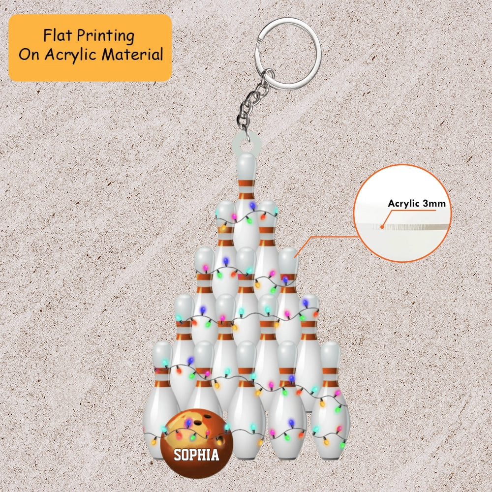 Personalized Bowling Ball Holding Pins Acrylic Ornament, Bowling Keychain, Car Ornament, Christmas Ornament Gifts