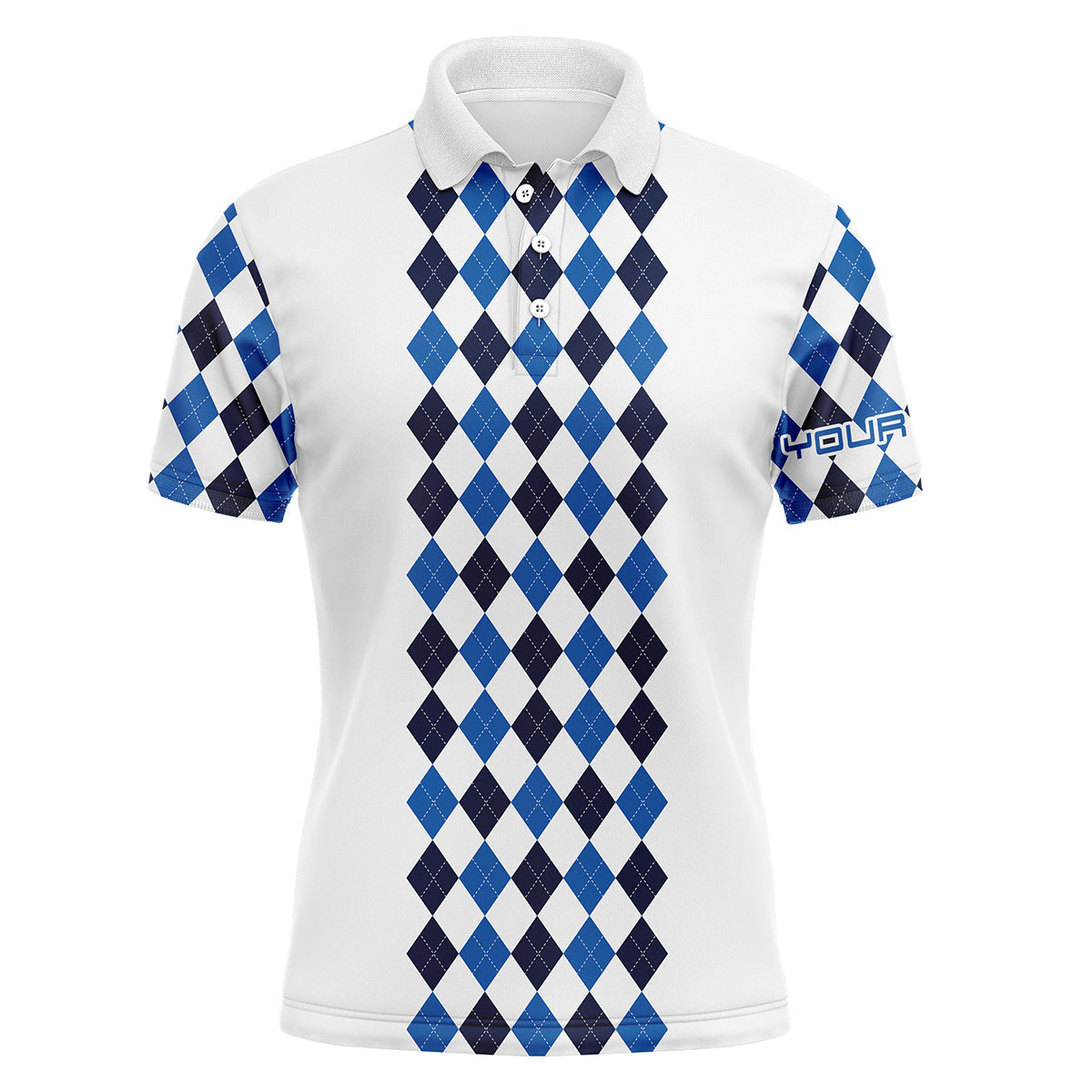 Golf Men Polo Shirt - Blue Black Argyle Pattern Custom Name White Apparel - Personalized Gift For Golf Lover, Men, Husband, Team, Boyfriend
