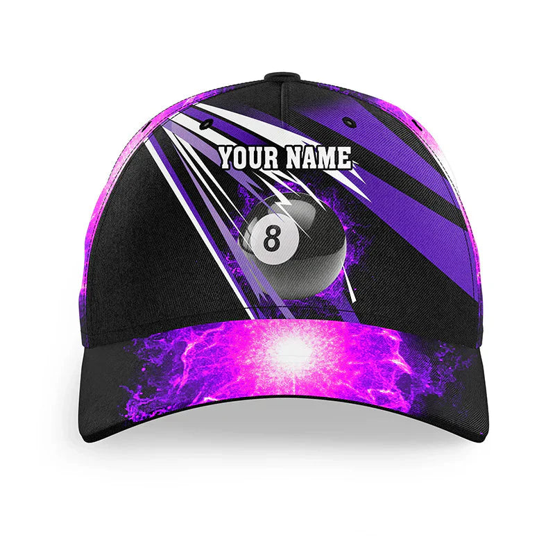 Customized Billiard Cap, Billiard Pool Purple 8 Ball Fire Personalized Name 3D Hats, Best Billiard Pool Hat For Billiard Players