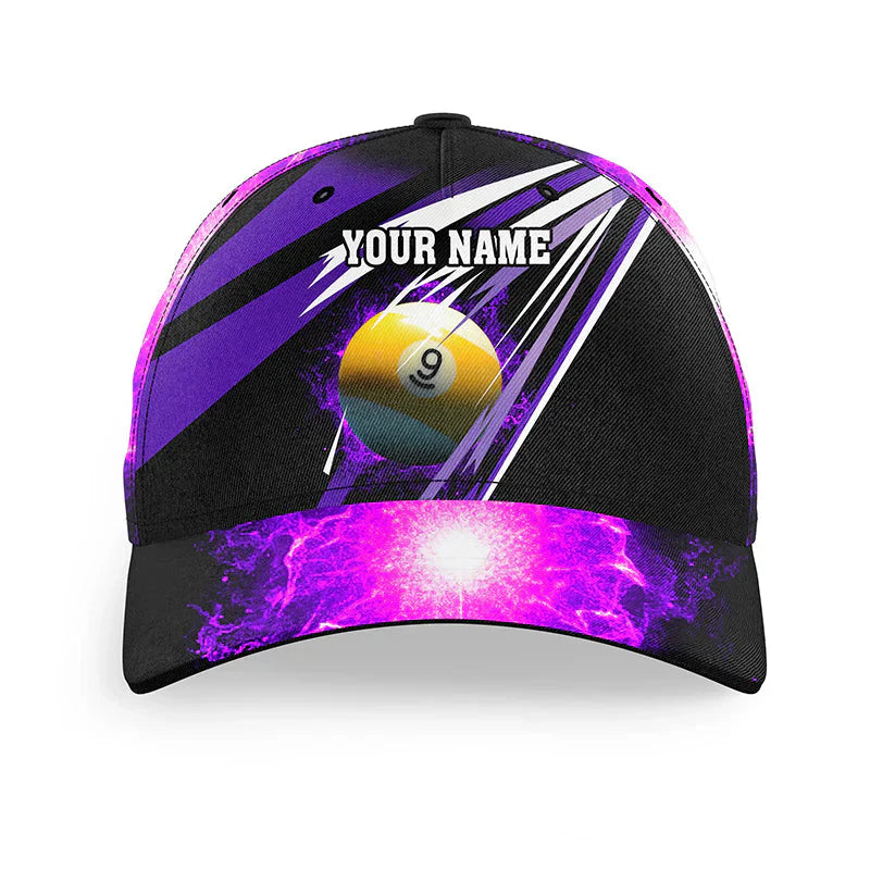 Customized Billiard Cap, Billiard Pool Purple 9 Ball Fire Personalized Name 3D Hats, Best Billiard Pool Hat For Billiard Players