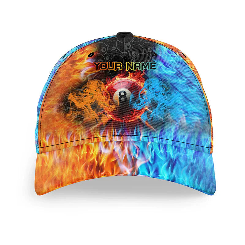 Customized Billiard Cap, Billiard Pool 8 Ball Fire And Water Personalized Name 3D Hats, Best Billiard Pool Hat For Billiard Players