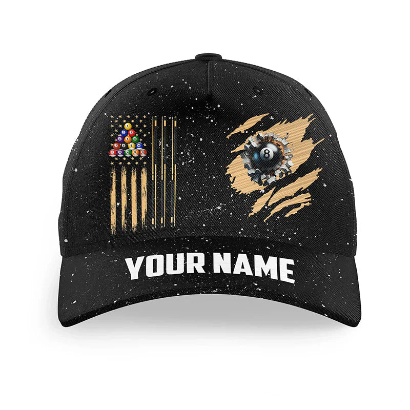 Customized Billiard Cap, Billiard Pool Grunge American Flag 8 Ball Personalized Name 3D Hats, Best Billiard Pool Hat For Billiard Players