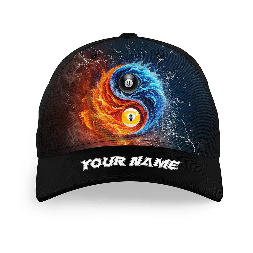 Customized Billiard Cap, Billiard Pool 8 Ball & 9 Ball Water And Fire Personalized Name 3D Hats, Best Billiard Pool Hat For Billiard Players