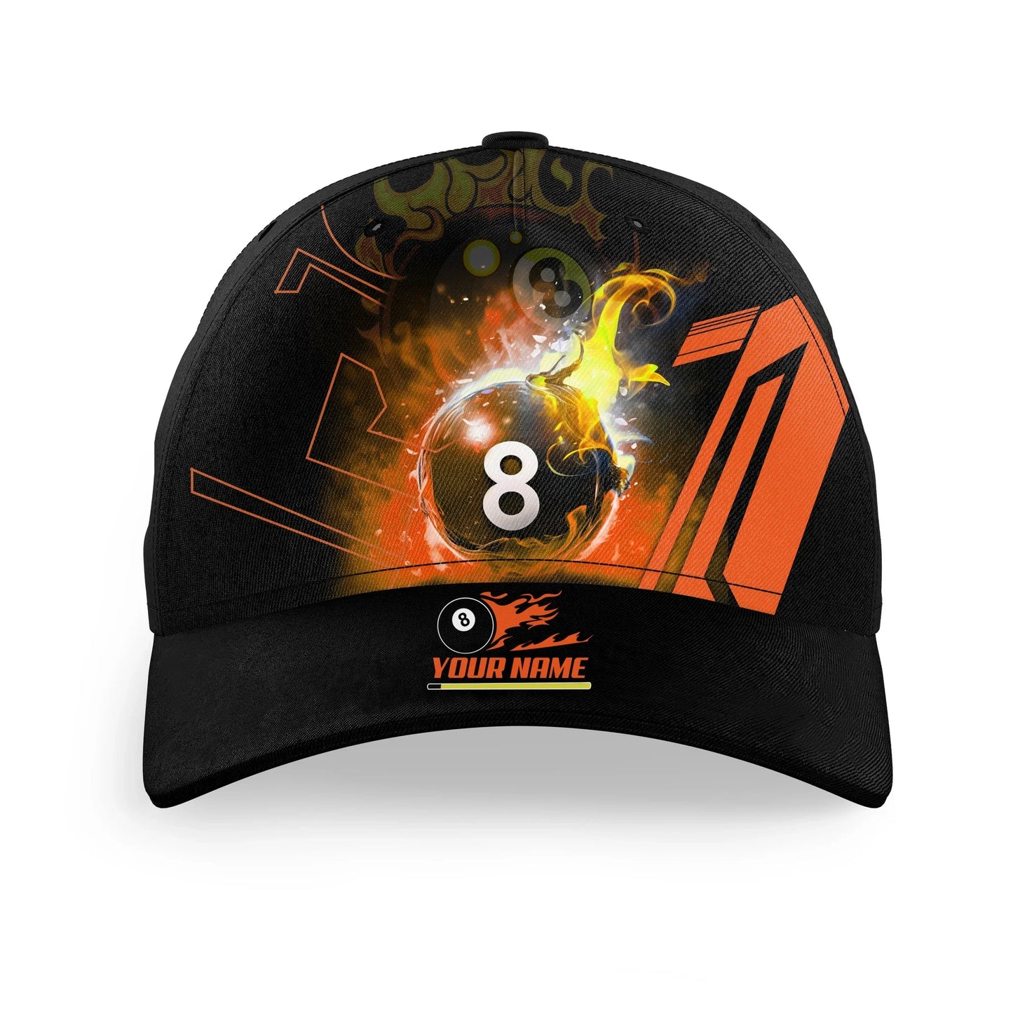 Customized Billiard Cap, Billiard Pool 8 Ball Flame Orange Personalized Name 3D Hats, Best Billiard Pool Hat For Billiard Players