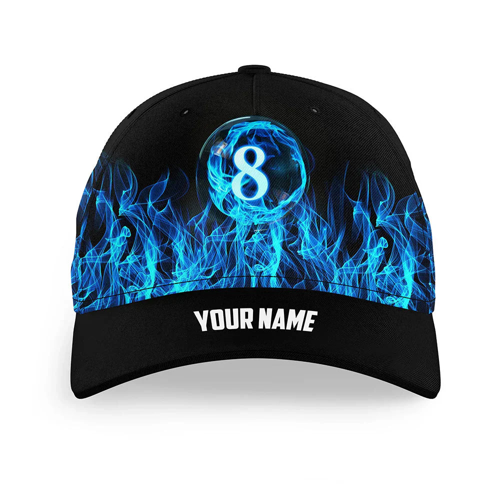 Customized Billiard Cap, Billiard Pool Blue Flaming 8 Ball Pool Personalized Name 3D Hats, Best Billiard Pool Hat For Billiard Players