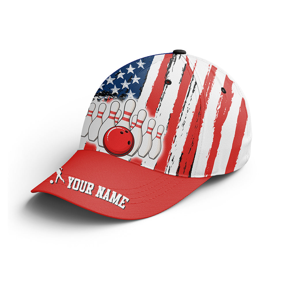 Customized Bowling Red Classic Cap, American Flag Tenpin Bowling Hat For Men Women, Bowlers, Team League