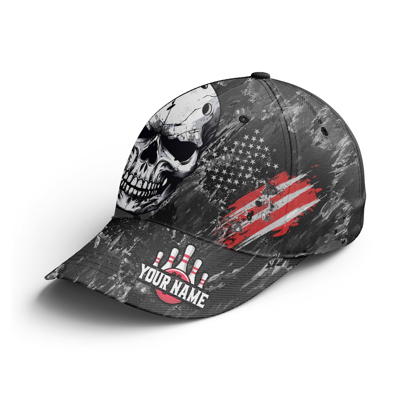 Customized Bowling Classic Cap, American Flag Skull Tenpin Bowling Hat For Men Women, Bowlers, Team League