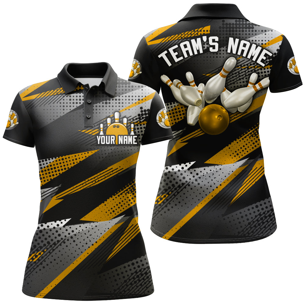 Bowling Customized Jersey Black Gold Shirt Geometric Pattern Bowling Tenpin Quarter Zip Shirt For Bowlers, Bowling Team