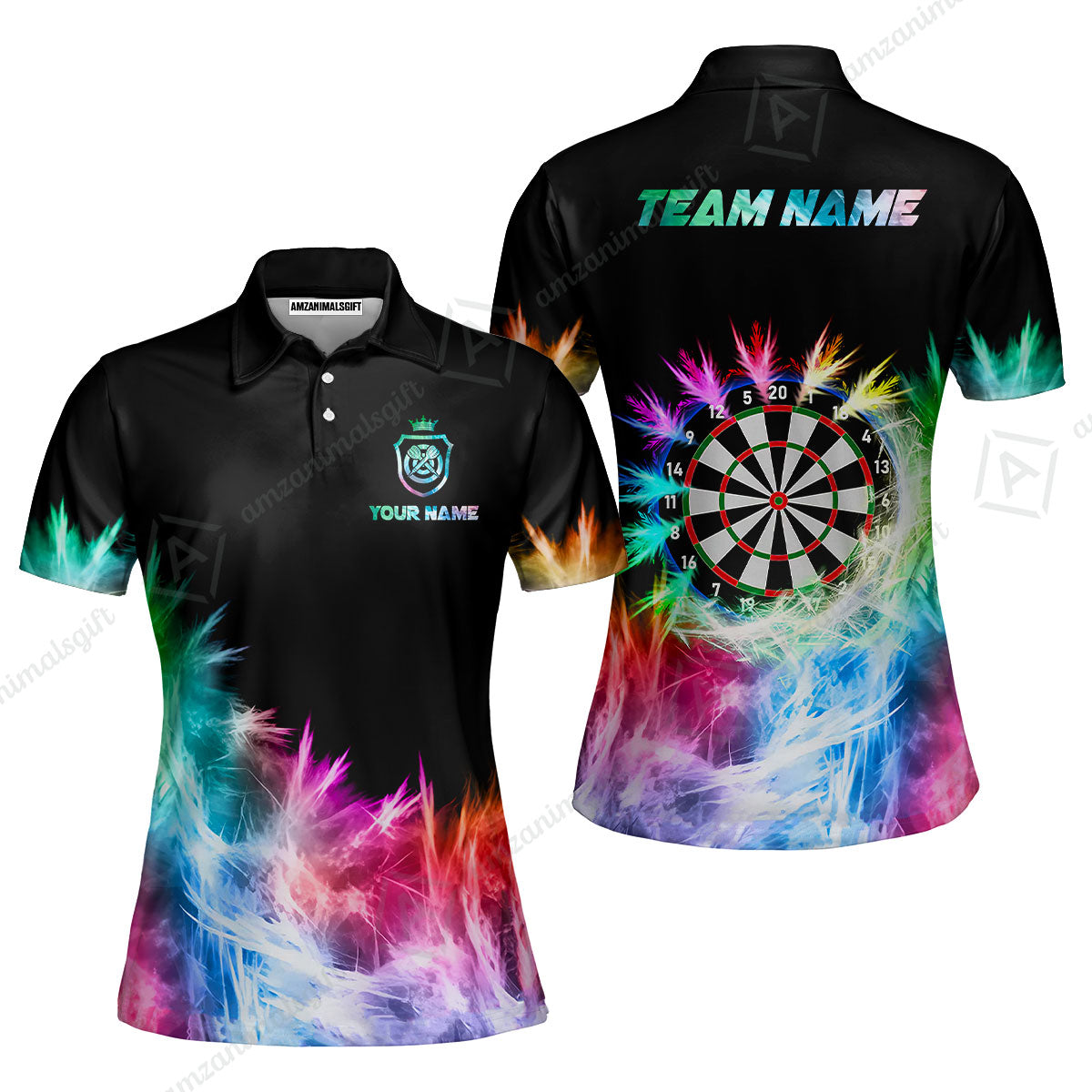 Customized Darts Women Polo Shirts, Darts Icy Light Black And Multi Color Team Women Polo Shirts Jersey For Darts Player