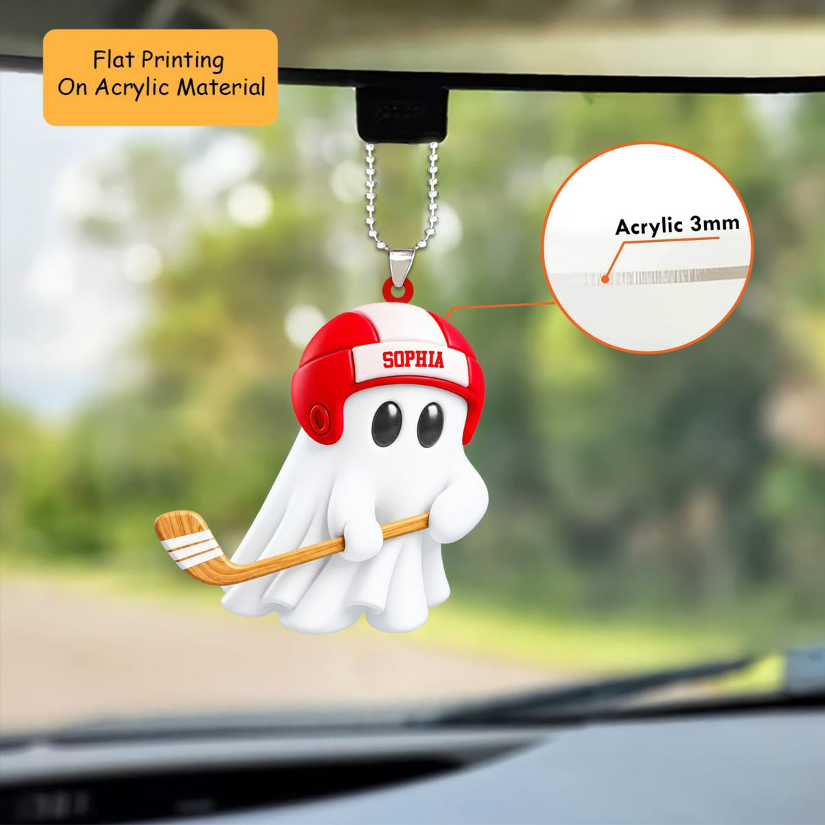 Personalized Hockey Christmas Ornament, Cute Ghost Holding Hockey Stick And Helmet, Custom Ornament Christmas Gift, Keychain Hockey, Car Ornament Hockey