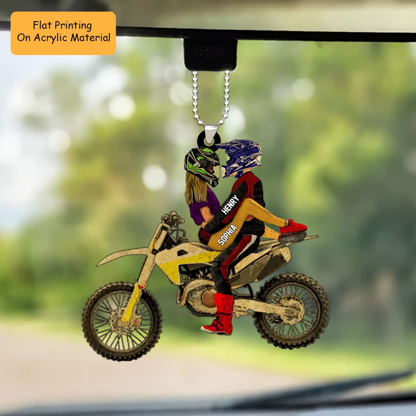 Personalized Couple Hug On Dirt Bike Flat Acrylic Ornament, Meaningful Ornament Gifts For Couple Partners Love Dirt Bike