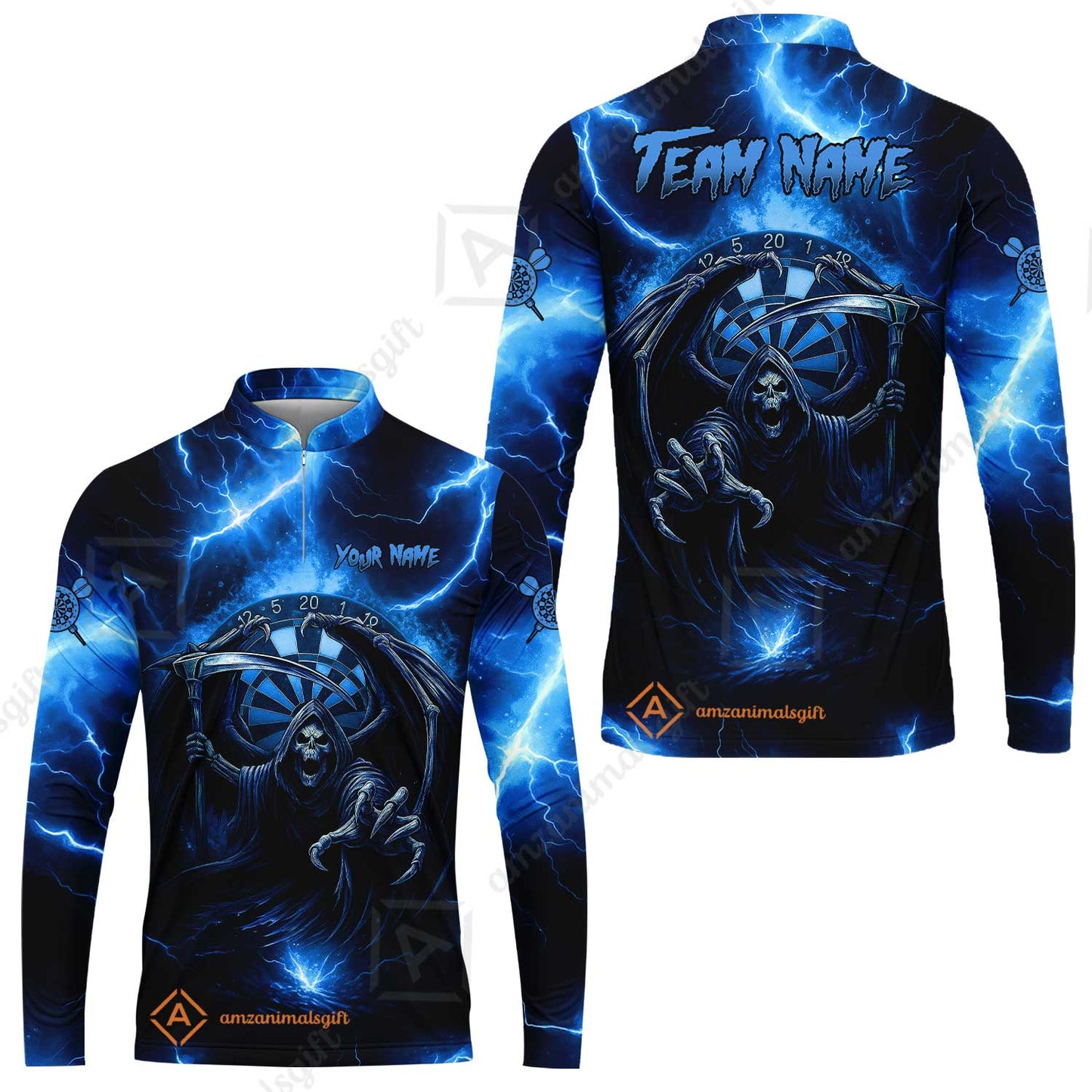 Customized Darts Long Sleeve Jersey, Darts Grim Reaper Thunder Lightning Turquoise And Blue Team Long Sleeve Jersey For Darts Player