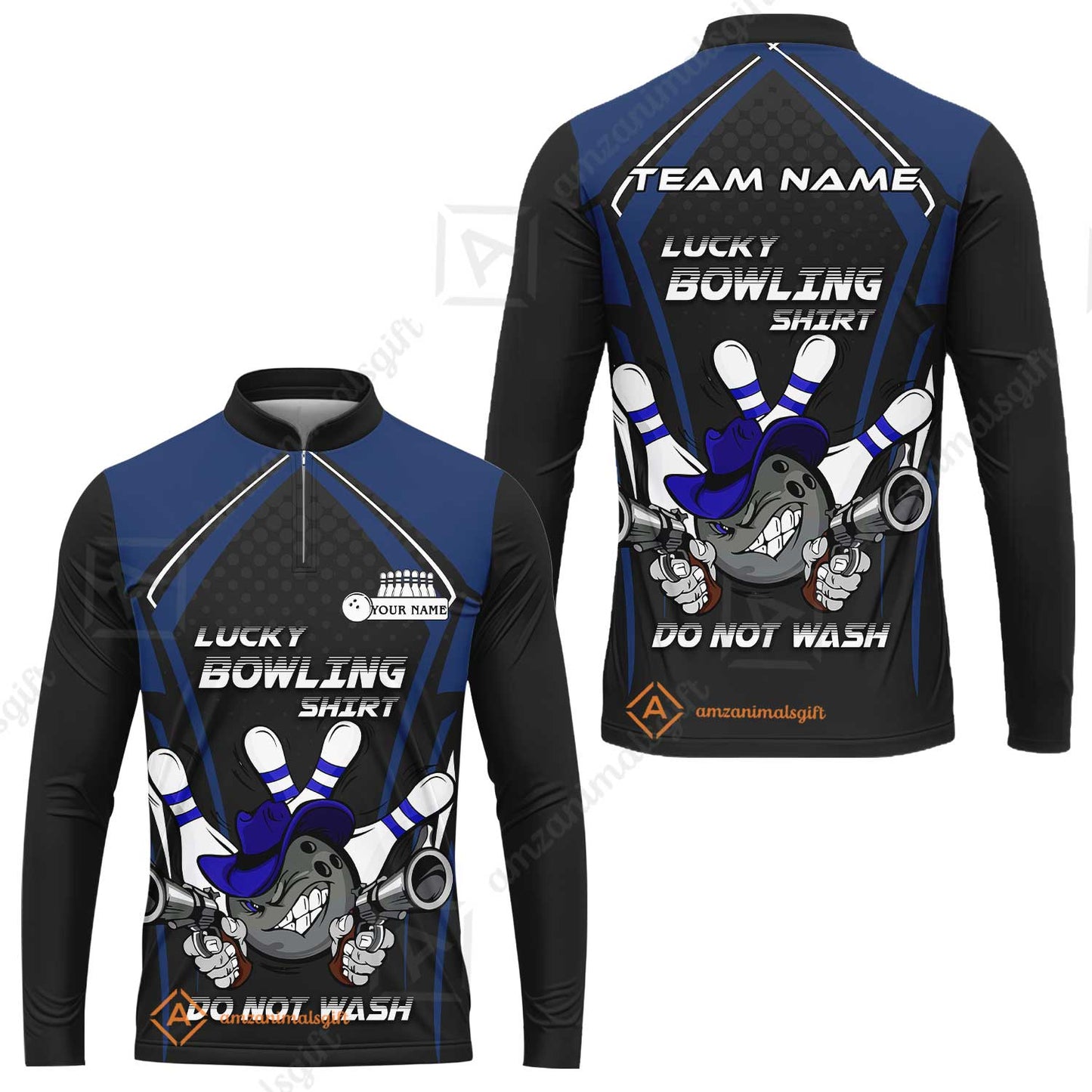 Customized Bowling Team Long Sleeve Jersey, Lucky Bowling Shirt Do Not Wash Bowling Ball Aiming Guns, Personalized Name Bowling Shirt