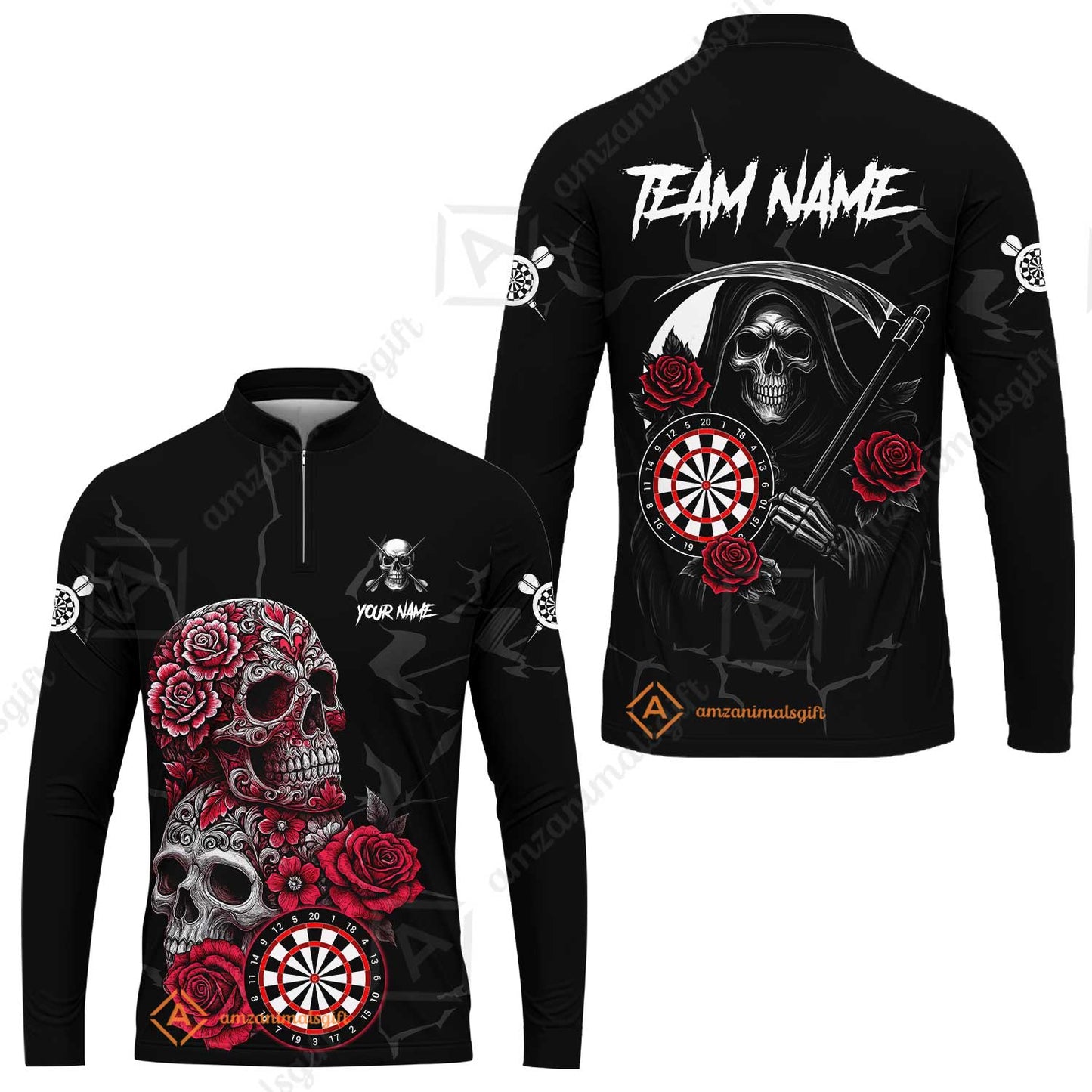 Customized Darts Long Sleeve Jersey, Darts Turquoise Skull Roses Dartboard Zip Polo Style Jersey for Darts Players