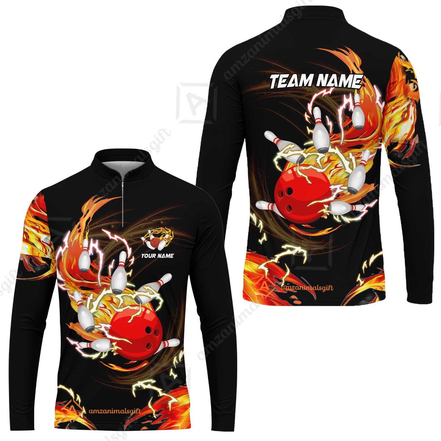 Customized Bowling Thunder Flame Long Sleeve Jersey, Bowling Ball & Pins Breath Of Thunder Flame Multicolor Option, Perfect Outfit For Bowlers