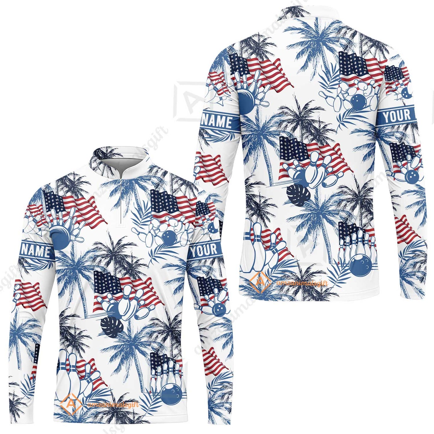 Customized Tropical American-style Bowling Long Sleeve Jersey With Palm Trees, Flags - Perfect For Summer Bowling Vibes