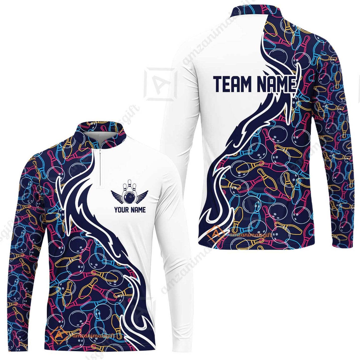 Customized Bowling Long Sleeve Jersey Skittles And Balls Outline Bowling Pattern Custom Name And Team Name For Bowlers