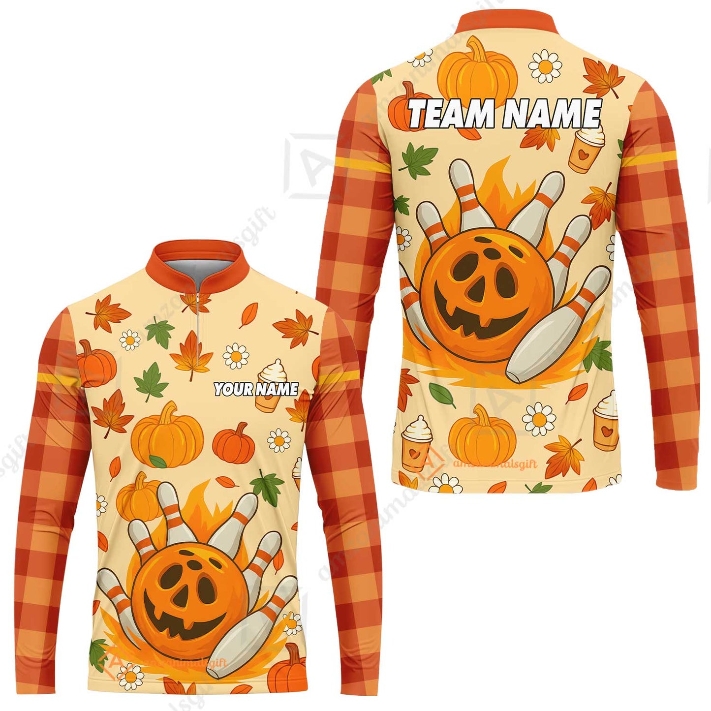 Customized Bowling Team Polo Jersey, Bowling Halloween Pumpkin Style Uniform Shirt For Bowlers