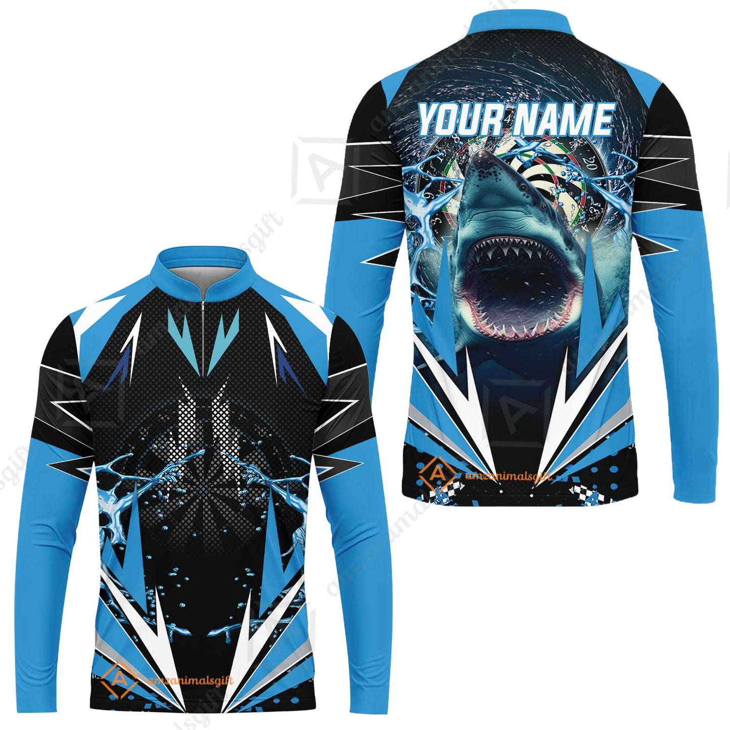 Shark And Darts Custom Name Men's Long Sleeve Jersey, Whirlpool Bullseye Dartboard Personalized Long Sleeve Jersey Gift For Darts Lovers, Friends, Team