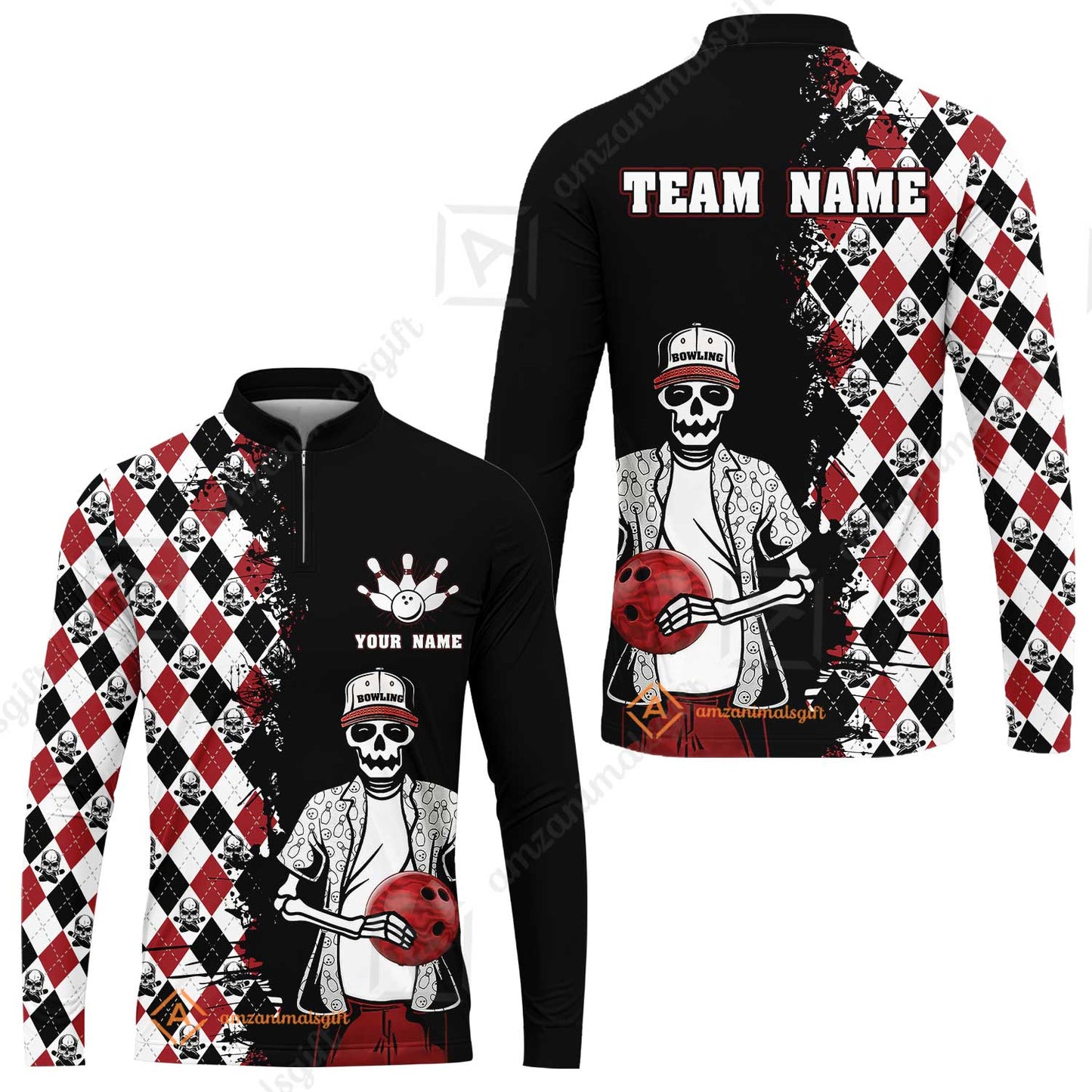 Bowling Custom Long Sleeve Jersey Shirt - Custom Name Skull Men, Argyle Bowling Pattern Personalized Bowling Polo Shirt - Perfect Gift For Friend, Family
