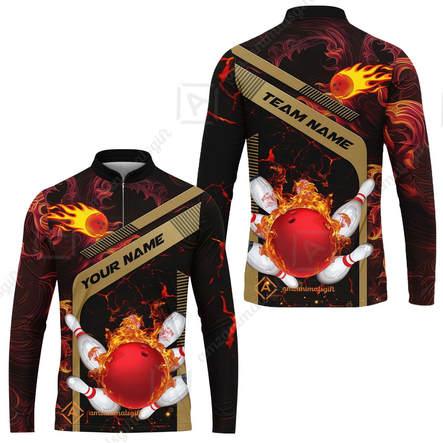Customized Bowling Unisex Long Sleeve Jersey, Bowling In Flaming With Magna Pattern Long Sleeve Jersey Uniform For Bowlers