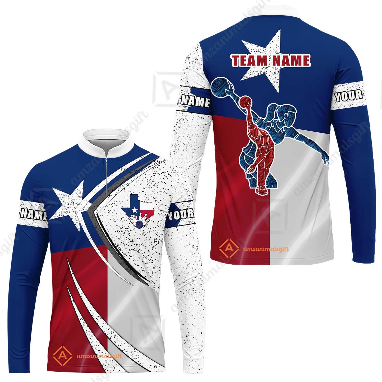 Customized Bowling Long Sleeve Jersey, Bowling And Pins Texas Style Customized Name And Team Name Uniform Polo Shirts